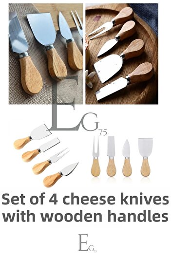 EG75 4 Pieces Wooden Handle Stainless Steel Cheese Knives Serving Set