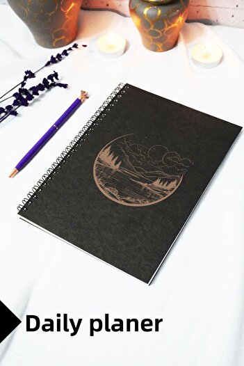 markcat A5 Landscape Themed Black Kraft Cover Notebook - Daily Planner - 45 Sheets (90 Pages) 15X21 cm