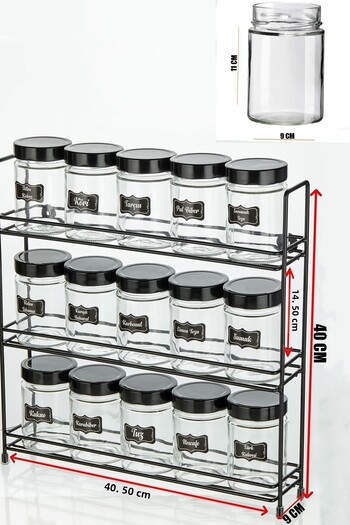 vipgross 15-Piece Round Glass Jar Set with 3-Layer Metal Stand, 3-Layer 15-Piece Spice Jar Set