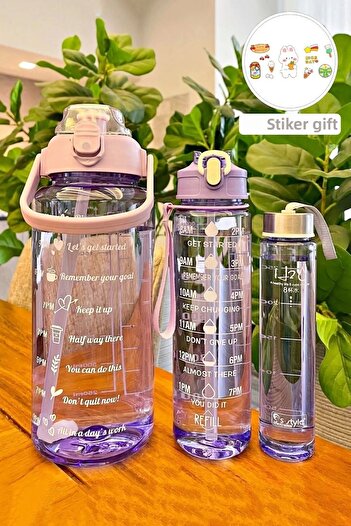 Rosemor New 3-Piece Transparent Motivational Set with Odorless Stickers, Portable Sports Water Bottle and Flask Straw