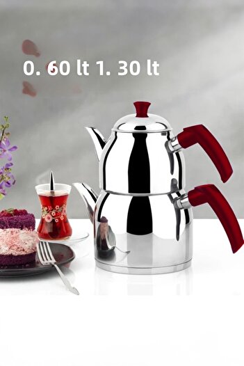 Yonca Turquoise Mini Size Red Teapot Set - Stainless Steel Induction Base, Soft Handle 0.6 + 1.3 L