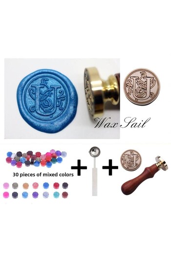 Jinserta Retro Letter Seal Stamp Letter U + 30 Pieces of Seal Candle + Melting Spoon