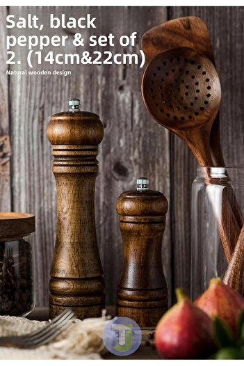 Technojet Set of 2 (14+22cm) Natural Wooden Black Pepper Salt Coffee Spice Grinder Mill Salt Shakers Pepper Shakers