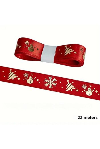 roco paper New Year's Patterned Satin Ribbon - Red, 2.5 Cm, 22 Meter Gift Package