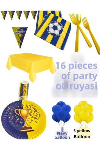partyrüyası Yellow Navy Blue Trophy Themed 16-Person Birthday Set with Streamers Mod1