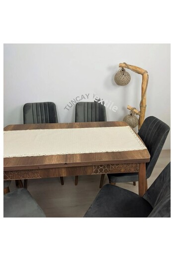 TUNCAY TEKSTİL Kopenaki Lacy Runner Ranir Cotton Linen Buldan Work Fireplace Table Rectangular Table Top Cover 50x100