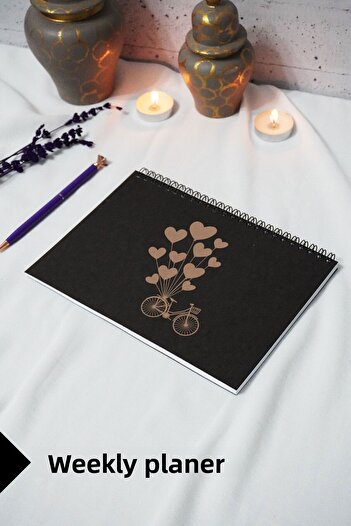 markcat A5 Bicycle Balloon Themed Black Kraft Notebook with Cover - Weekly Planner - 52 Sheets 15X21Cm