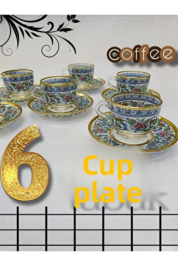 SAMSA Gold Tile Herbal Motif Glass Cup Coffee Set 6 Person Coffee Set For 6 Persons