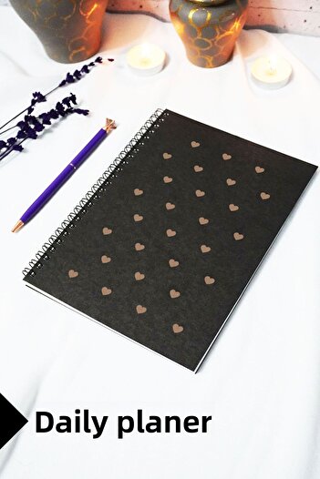 markcat A5 Heart Themed Black Kraft Cover Notebook - Daily Planner - 45 Sheets (90 Pages) 15X21 cm