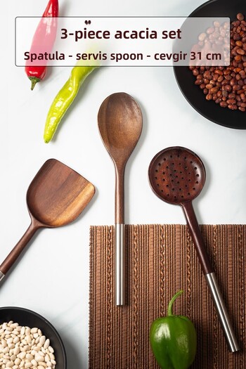 EWs Acacia 3-Piece Serving Spoon & Serving Colander & Serving Spatula & Salad Serving Set