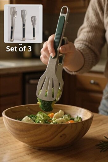 Bayev Silver Set of 3 Serving Tongs Set Stainless Steel Soft Touch Silver Kitchen Steak Bbq Tongs