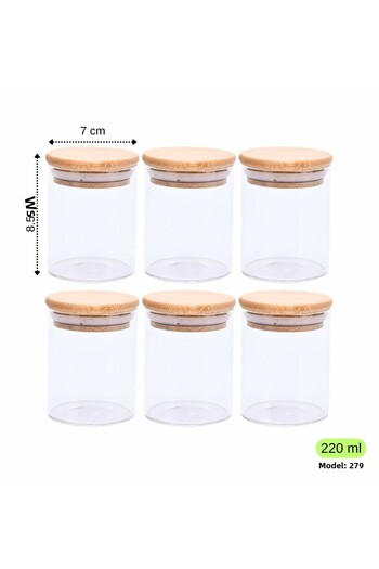 LADYNUR 6 Pieces Wide Glass Bamboo Spice Dispenser - Vacuum Lid, 220ml / 8.5cm x 7cm