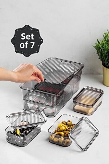 Şener collection 7 Compartment Acrylic Lid Breakfast Storage Container Set Anthracite