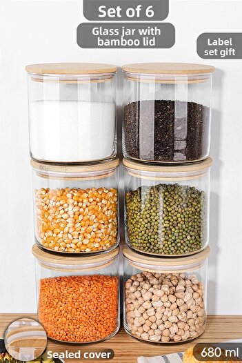 Meleni Home Bamboo Lid Beef Pulp 680 ml - Pulses Erzak Vacuum Lid Glass Jar Set