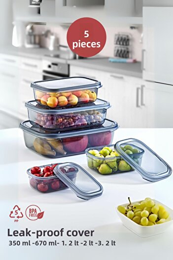 grimorlife 5 Leak Proof Storage Containers - (350 ML 670 ML 1,2 LT 2 LT 3,2 LT) - Deep Freezer and Microwave
