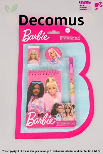 Barbie New Season Licensed Barbie with Dekomus 4-Piece Stationery Set Notebook, Snap-On Pencil, Eraser and