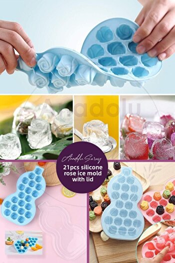 BEYZANA Practical 21-Piece Silicone Rose Shaped Ice Mold with Lid | 21 Pieces Silicone Rose Ice Mold | Presentation Ice