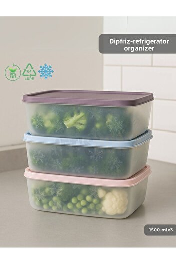 Jet's Home 3-Piece Dipfreeze Storage Container - No Frost Silicone Lid |   Deep Freezer Organizer Bpa Free1500 ml