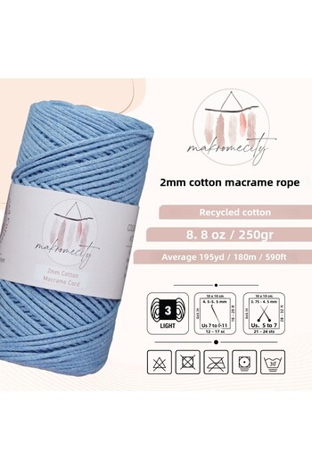 Makromecity Premium Koton Cotton Macrame Rope Baby Blue 200 Gr 150 Meters 2mm Cotton Macrame Bag Rope Supla Rope