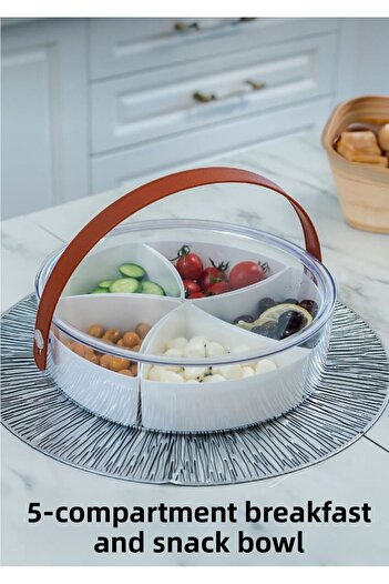 CMshop 5 Compartment Vacuumed Covered Breakfast Bowl - Snack Bowl with Handle