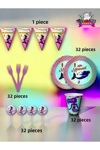 VibeHome Mermaid Themed Eco Set for 32 - Birthday Party and Fun Events