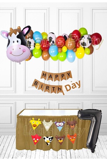 LOTUS PARTY 7 Years Farm Animals Theme Balloon Party Set Cow Foil Balloon Red Green Yellow Blue Coffee Balloon