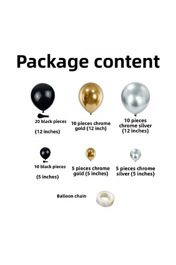 Organizasyon Pazarı Balloon Set Black-Chrome Gold-Chrome Silver 60-Piece Balloon Chain Set