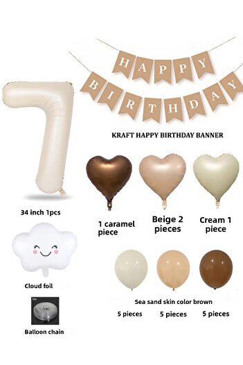 Patladı Gitti 7 Year Old Retro Birthday Set; Cream Number Foil, Banner, Heart Foil and Latex Balloon