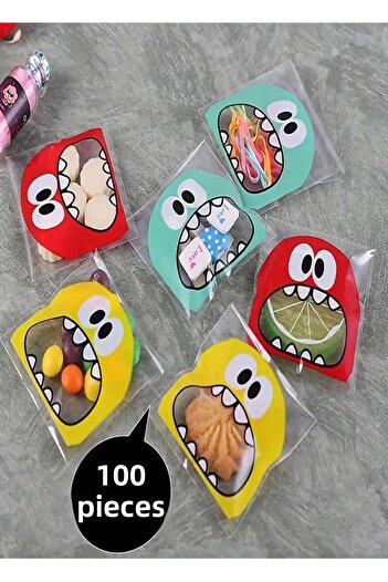 Bundera Monster Patterned Banded Transparent Bag Gift Self Adhesive Gelatin 10X15Cm 100 Pieces