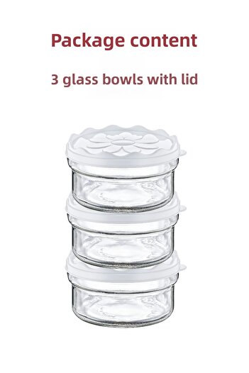 grimorlife White Daisy Patterned - 3-Piece Breakfast Glass Bowl with Plastic Lid 415 Cc