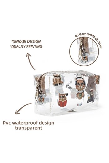 VUKİ Cat Transparent Zippered Patterned Pencil Case