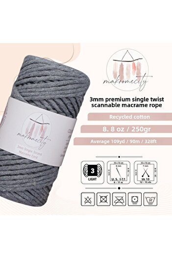 Makromecity Scalloped Macrame Thread 3mm Scalloped Cotton Macrame Thread Macrame Thread Dark Gray