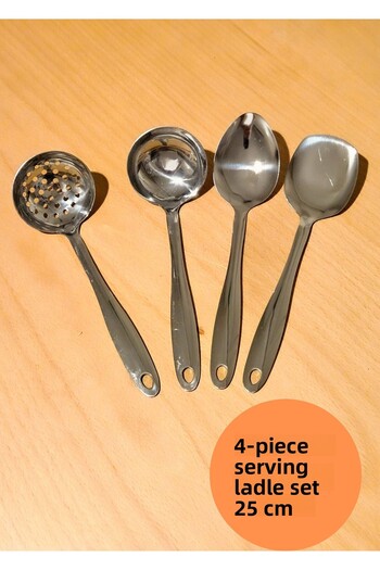 BRE HOME 4 Pieces Silver Stainless Steel Serving Set, Spatula Spoon Colander Scoop Serrated Set