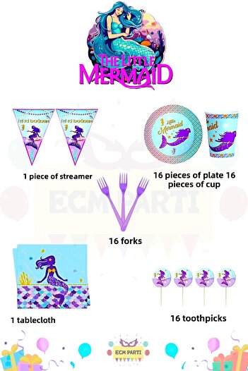 ECM PARTI Mermaid Themed Mini Birthday Party Set for 16 People