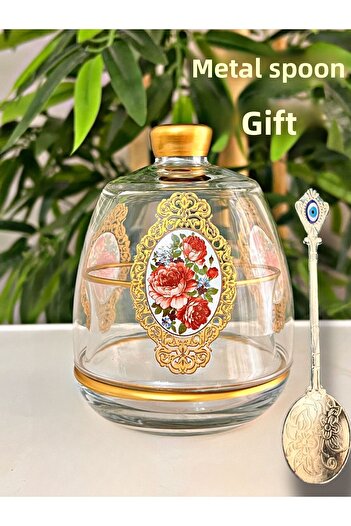 SAMSA Gold Rose Patterned - 1 Piece Turkish Delight Candy Bowl with Metal Spoon Gift