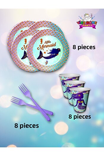 VibeHome Mermaid Themed Super Eco Set for 8 - for Birthday Party and Fun Events