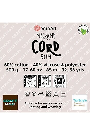 Yarnart Κορδόνι Macrame 5 mm - Μακραμέ Χειροποίητο Πλεκτό Σχοινί Τζιν Μπλε-761