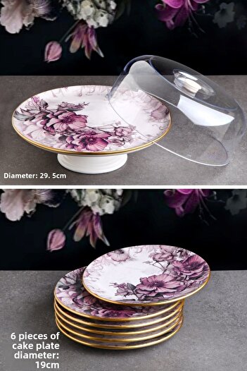 Pinkev Petunia 7-Piece Ceramic Pedestal Cake Dish Pastry Presentation Stand Plate Set