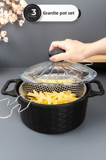 Homekolik 3 Piece Black Cast Granite Frying Pot 24 cm – with Oil Strainer, Glass Lid, Fireproof Non-Stick