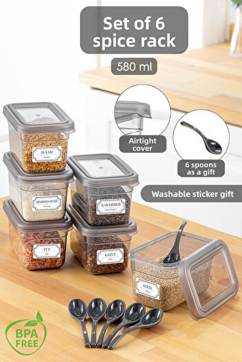 Meleni Home 6-Piece Spice Jar Set - Spice Storage Container with Leak-Proof Lid and Label - 6 x 580 ml