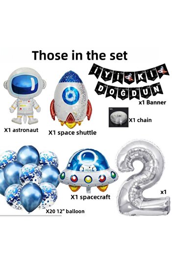 Patladı Gitti Space Concept Σετ γιορτής γενεθλίων 2 ετών. Σετ μπαλόνι με αστροναύτη, UFO και διαστημόπλοιο