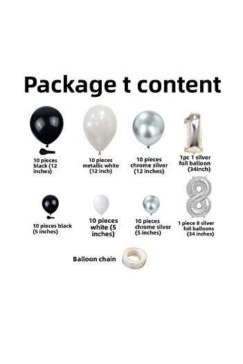 Organizasyon Pazarı Balloon Set 18 Silver Foil Balloons-Black-Chrome Silver-Metallic White Set of 60 Balloon Chain
