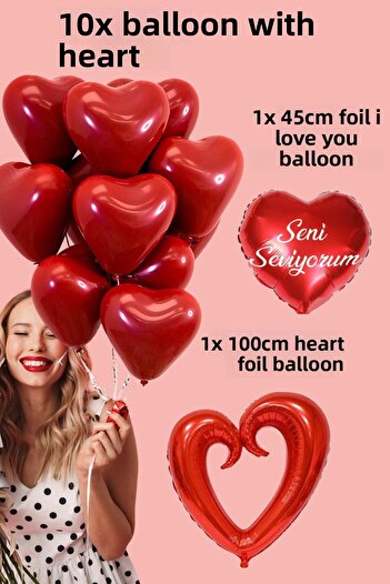 Baloncu Dede 10 Red Heart Balloons Big Heart and I Love You Foil Balloon Helium Compatible Valentine's Day