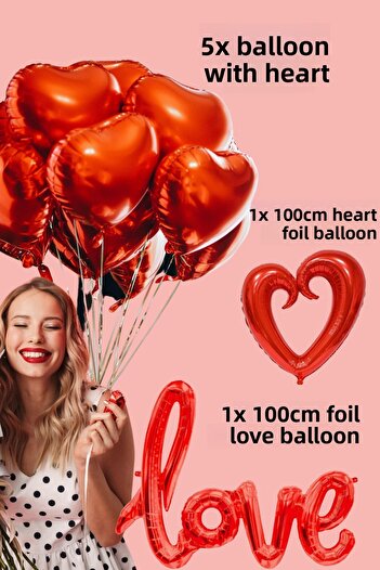 Baloncu Dede 5 Red Heart Foil Balloon Love and Big Heart Foil Balloon Helium Compatible Valentine's Day