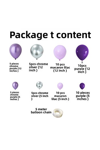 Organizasyon Pazarı Balloon Set Chrome Purple-Chrome Silver-Macaron Lilac-Purple Set of 60 Balloon Chain