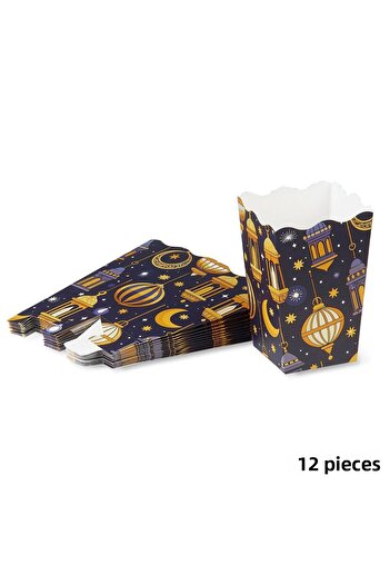 roco paper Ramadan Themed 12 Pieces of Corn, Golden Crescent Design, Popcorn Box Gift 6X6X11 cm