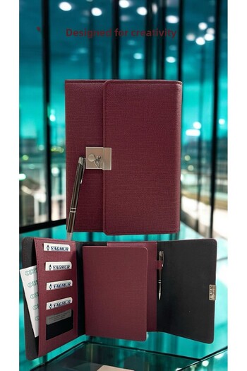 Eren Ofis Handmade Genuine Leather Scrapbook Bag with Key Lock and Pen Set