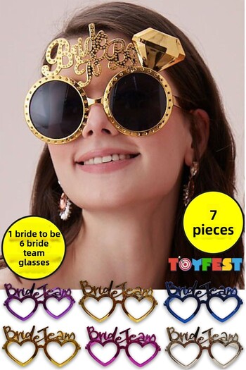 TOYFEST 1 PCS Gold Bridal Glasses + 6 PCS Bride Team Bridesmaid Glasses - 15x10 cm