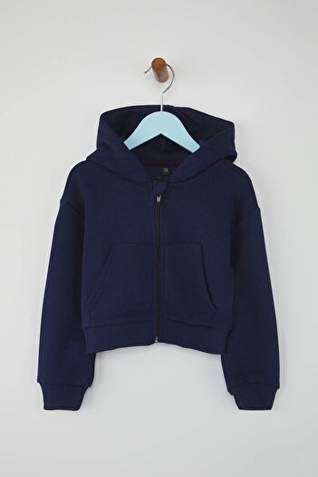 TRENDYOLKIDS Navy Blue Cotton Crop Fit Straight/Basic Hooded Oversize Knitted Girl's Cardigan Tkdaw26Hi00001