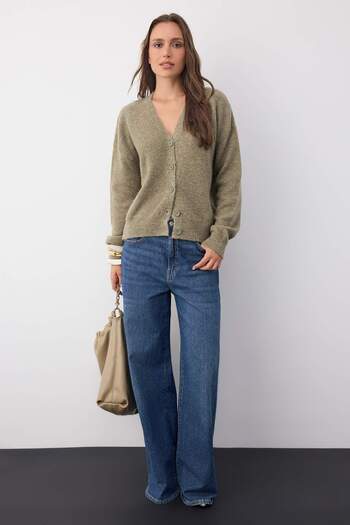Trendyol Collection Wardrobe Essentials Oil Green Wool Wide Fit V Neck Knitwear Cardigan |   Twoaw26Hi000830